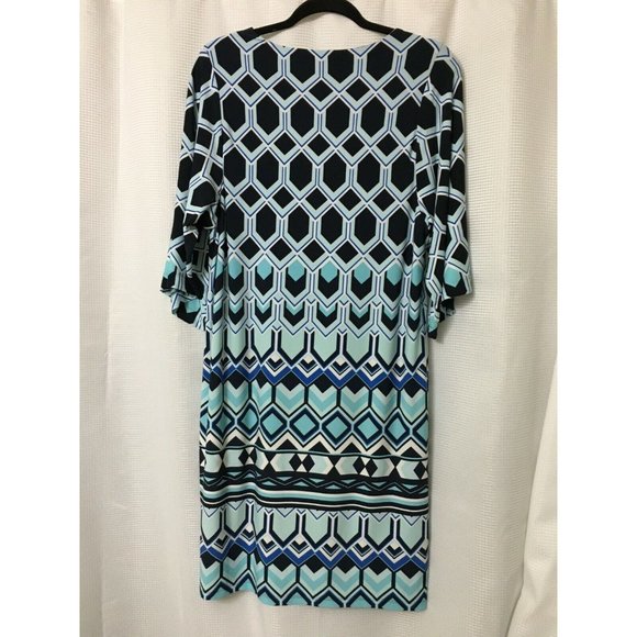 Chico's Knit Stretch Dress 1 Aqua Navy Blue White Geometric Work Church D1 - Picture 3 of 8